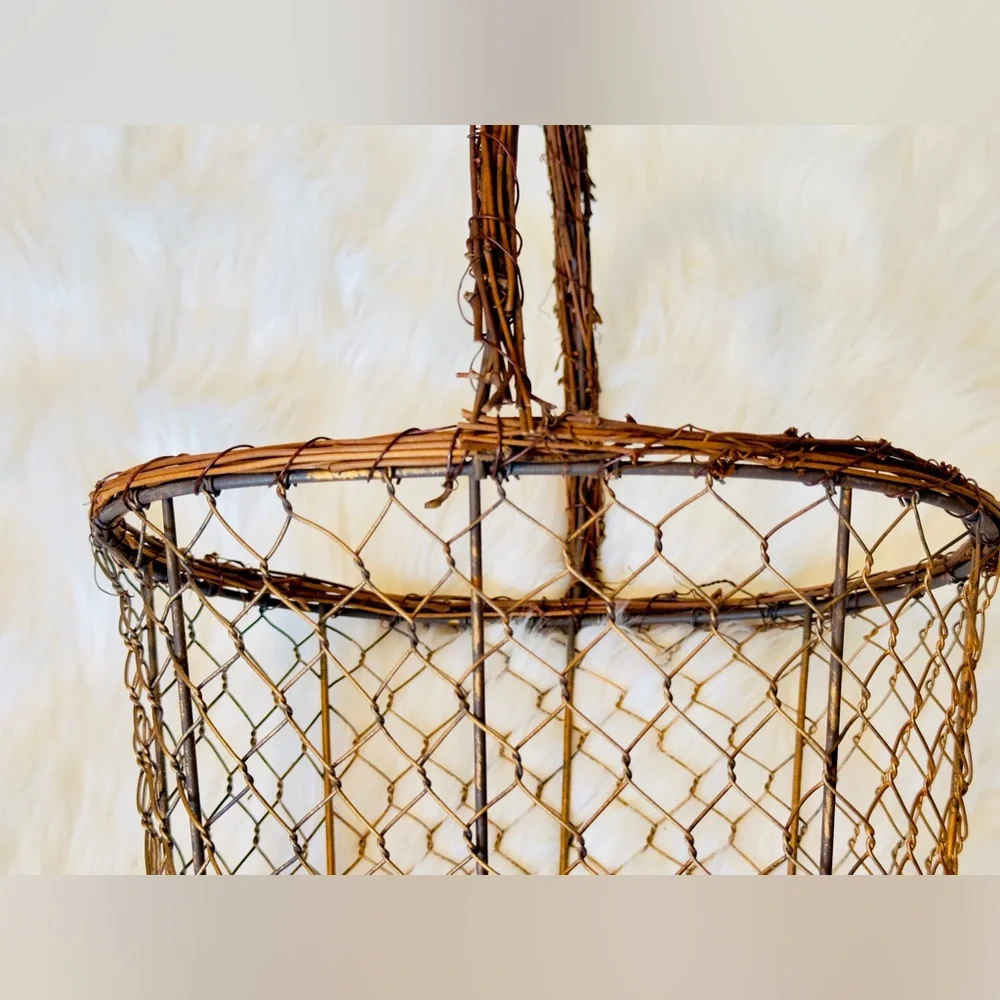 Gold Metal Wire Basket w Wood Handle Farmhouse Shabby Chic - Spring Easter Decor